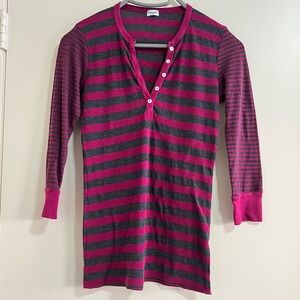 Splendid Womens Waffle Striped Henley Thermal Top Medium Pink Gray ASO Bella Y2K